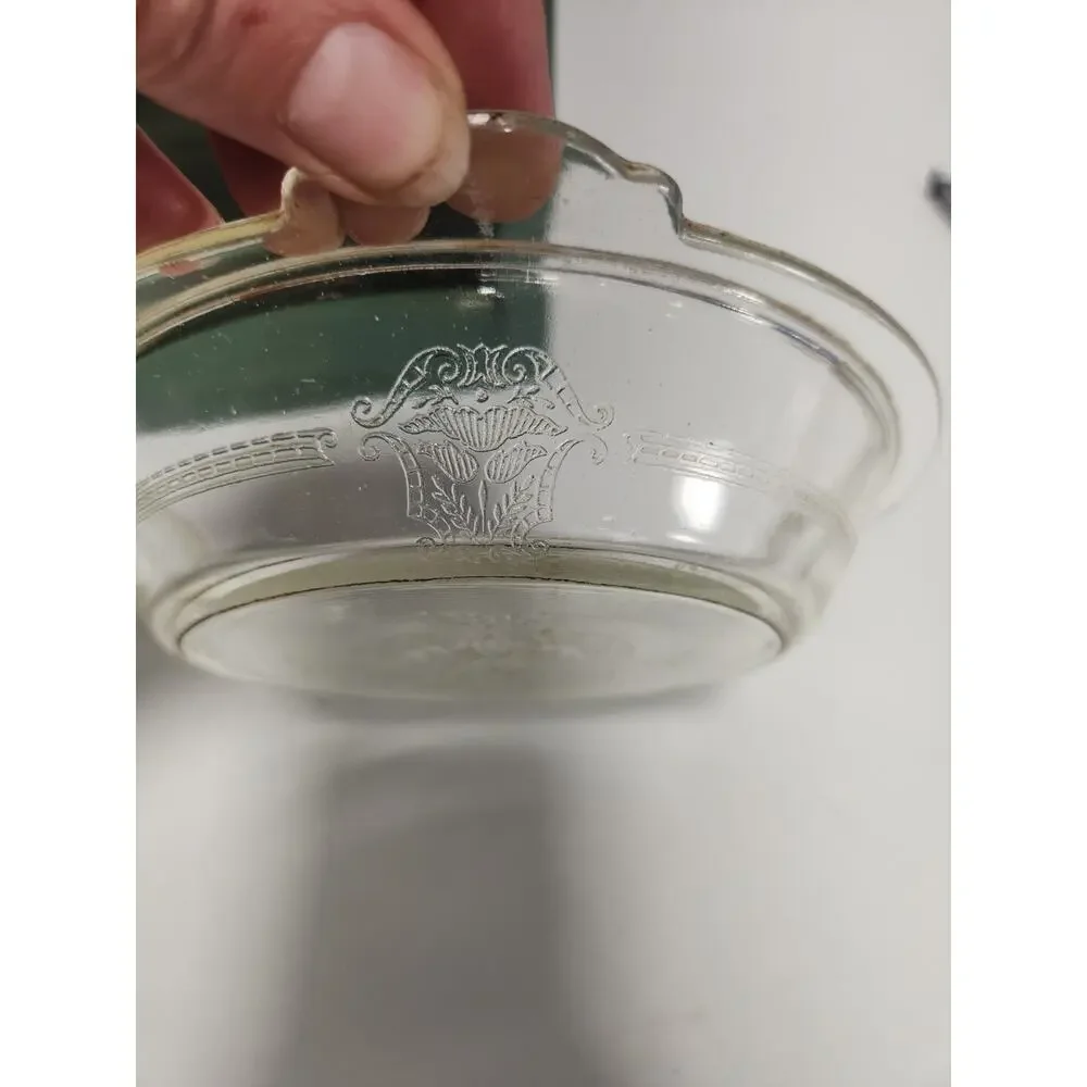 Vintage Clear Pressed Glass Individual Casserole Dish w/ Handles Embossed Floral